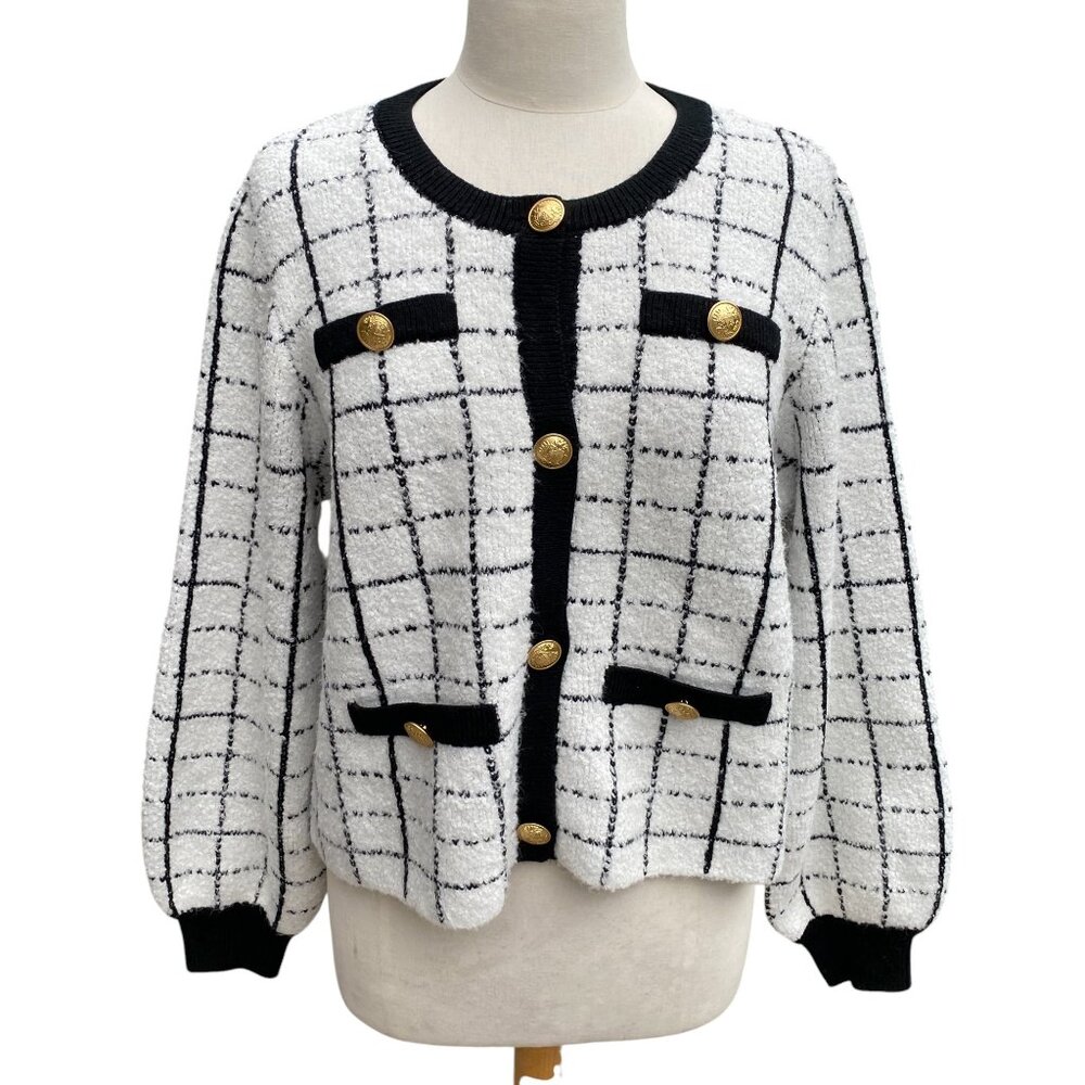 Marled Check Chenille Button Cardigan Academia Old Money Coastal Grandma Plaid-L
